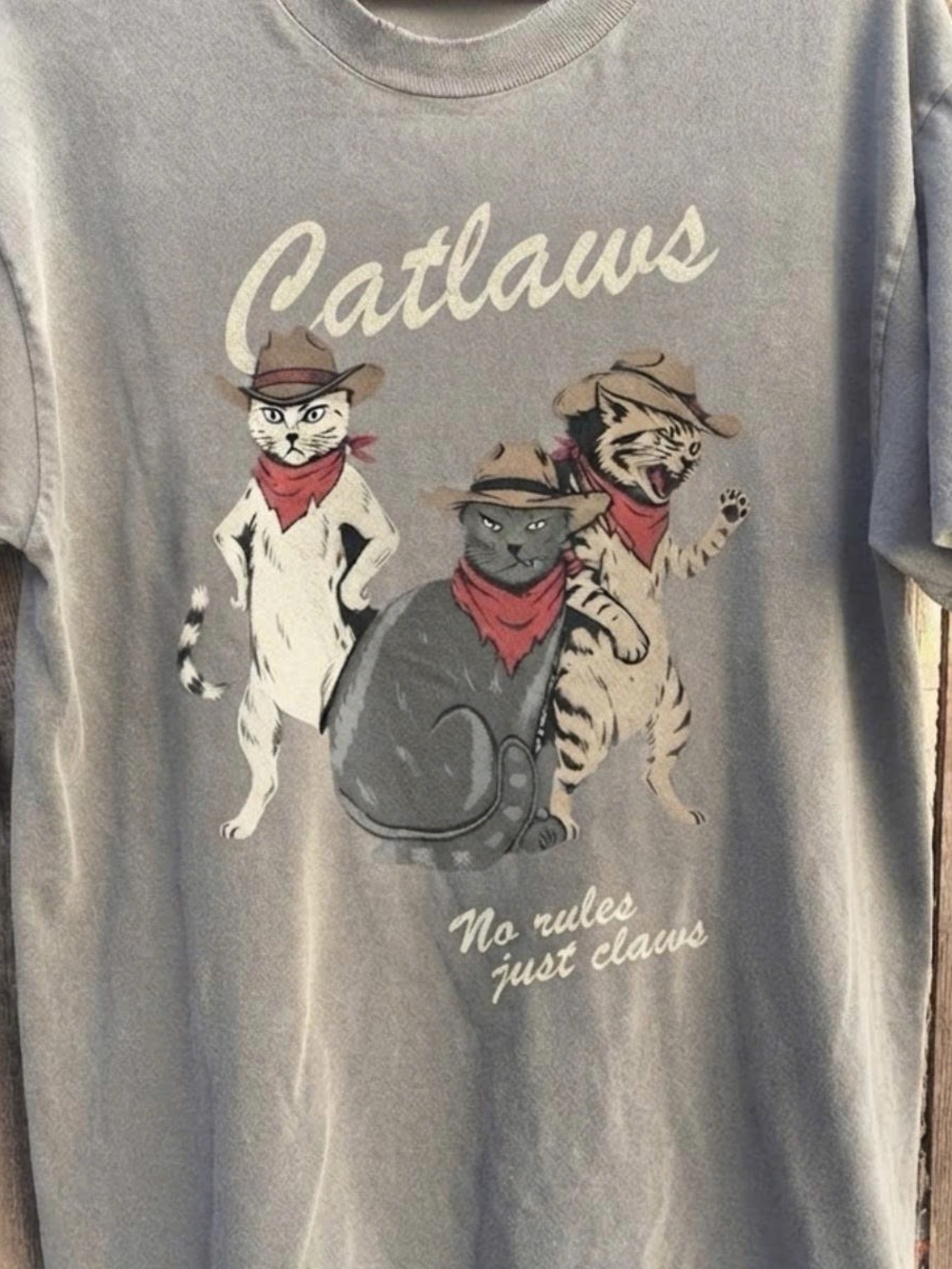 Catlaws Graphic Cat T-Shirt in Light Gray - Cute Cowboy Cats Design